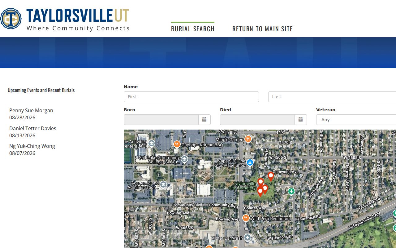 Taylorsville city directory cemetery search with name and burial filters