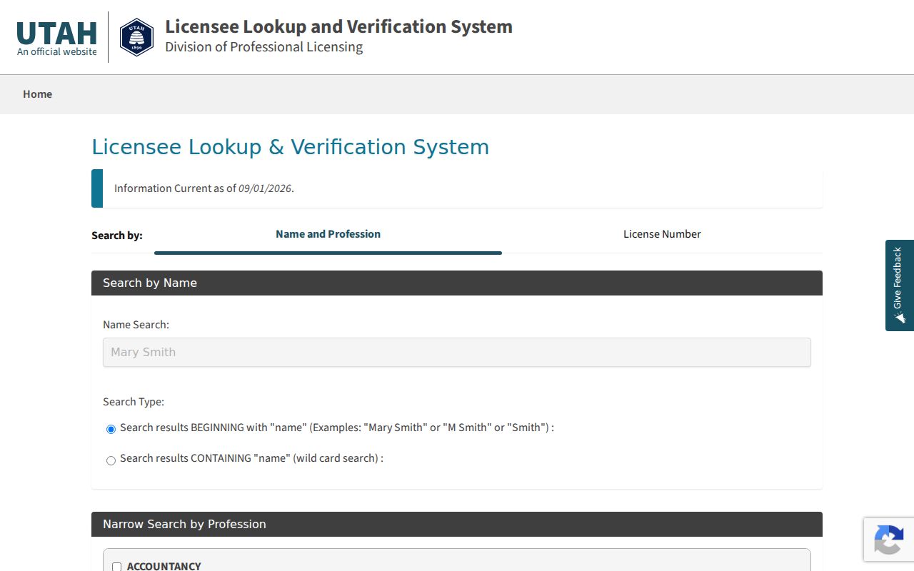 Taylorsville resident lookup Utah professional license search
